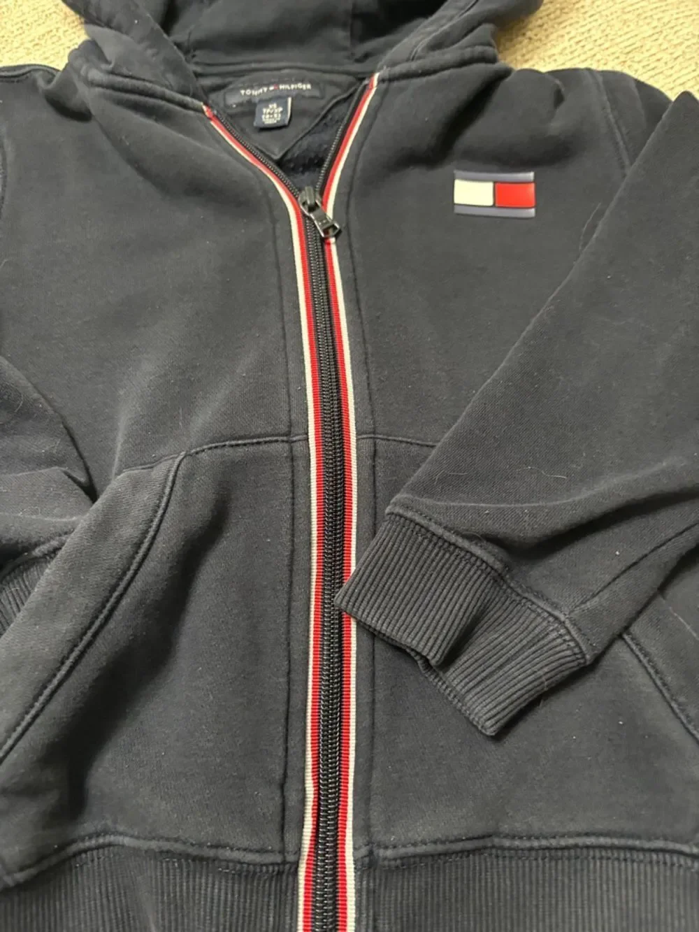 Tommy Hilfiger Kids Navy Zip Hoodie with Red & White Accent Size 4/5